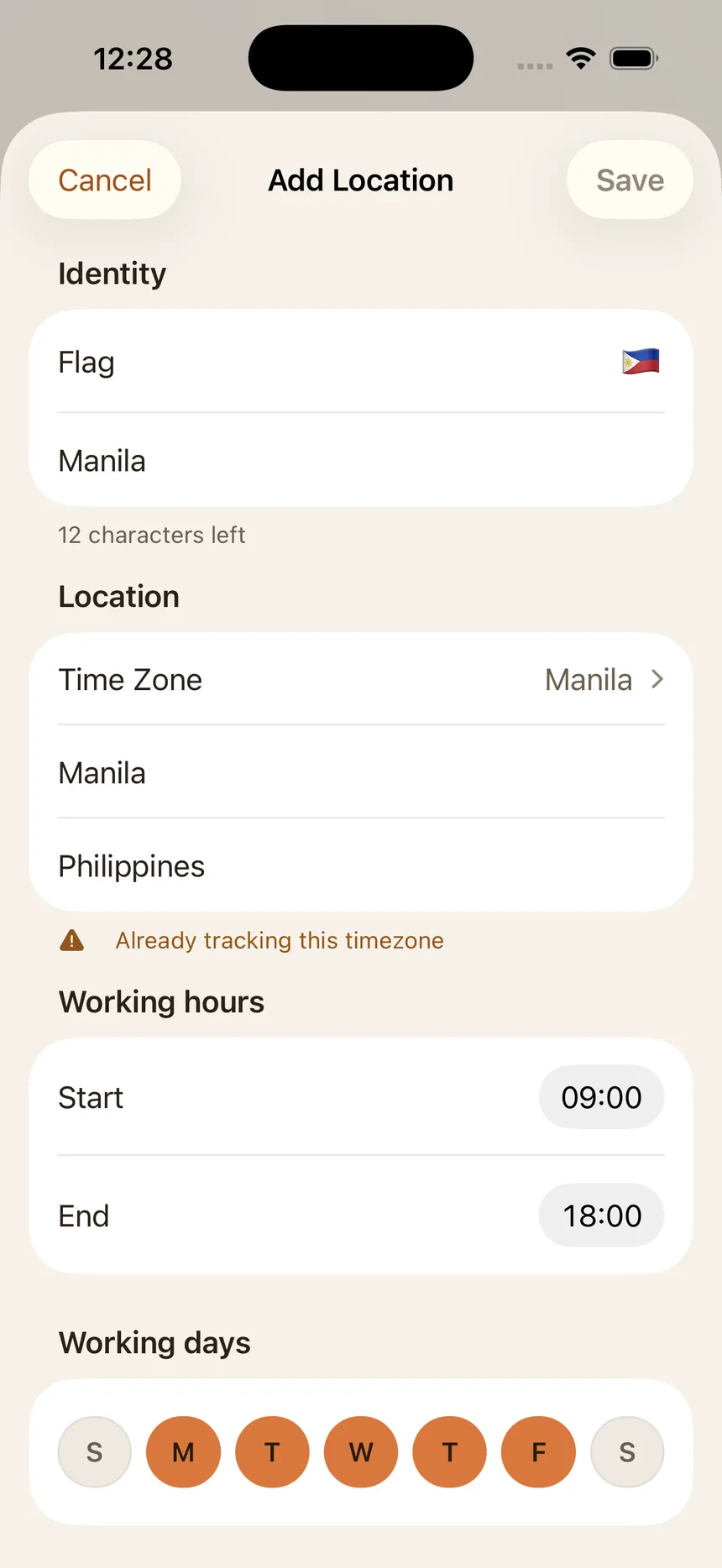 Zonely Add Location sheet with a city name, time zone, working hours of 09:00 to 18:00, and Monday through Friday selected in the working days picker