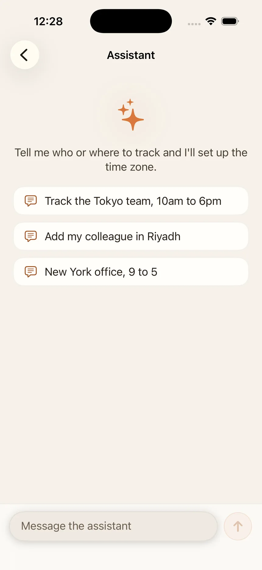 Zonely assistant screen inviting you to say who or where to track, with suggestion chips such as “Track the Tokyo team, 10am to 6pm” and a message field