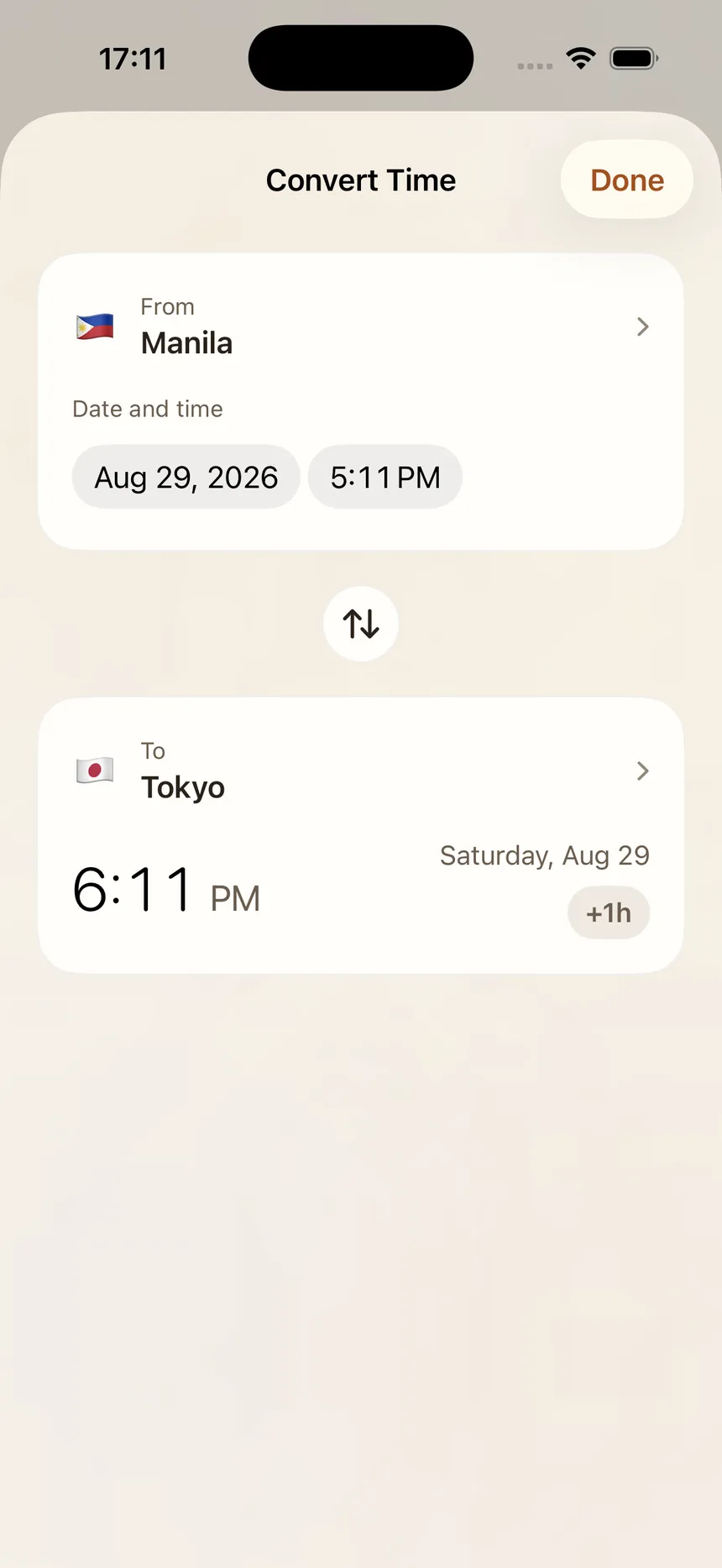 Zonely Convert Time sheet converting 5:11 PM on Aug 29 in Manila to 6:11 PM the same day in Tokyo, with a plus one hour offset chip