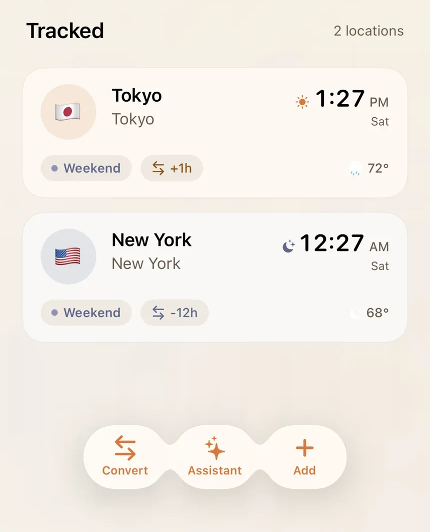 Zonely tracked-locations list showing Tokyo at 1:27 PM and New York at 12:27 AM, each with a weekend chip, an hours-from-home offset, and the temperature